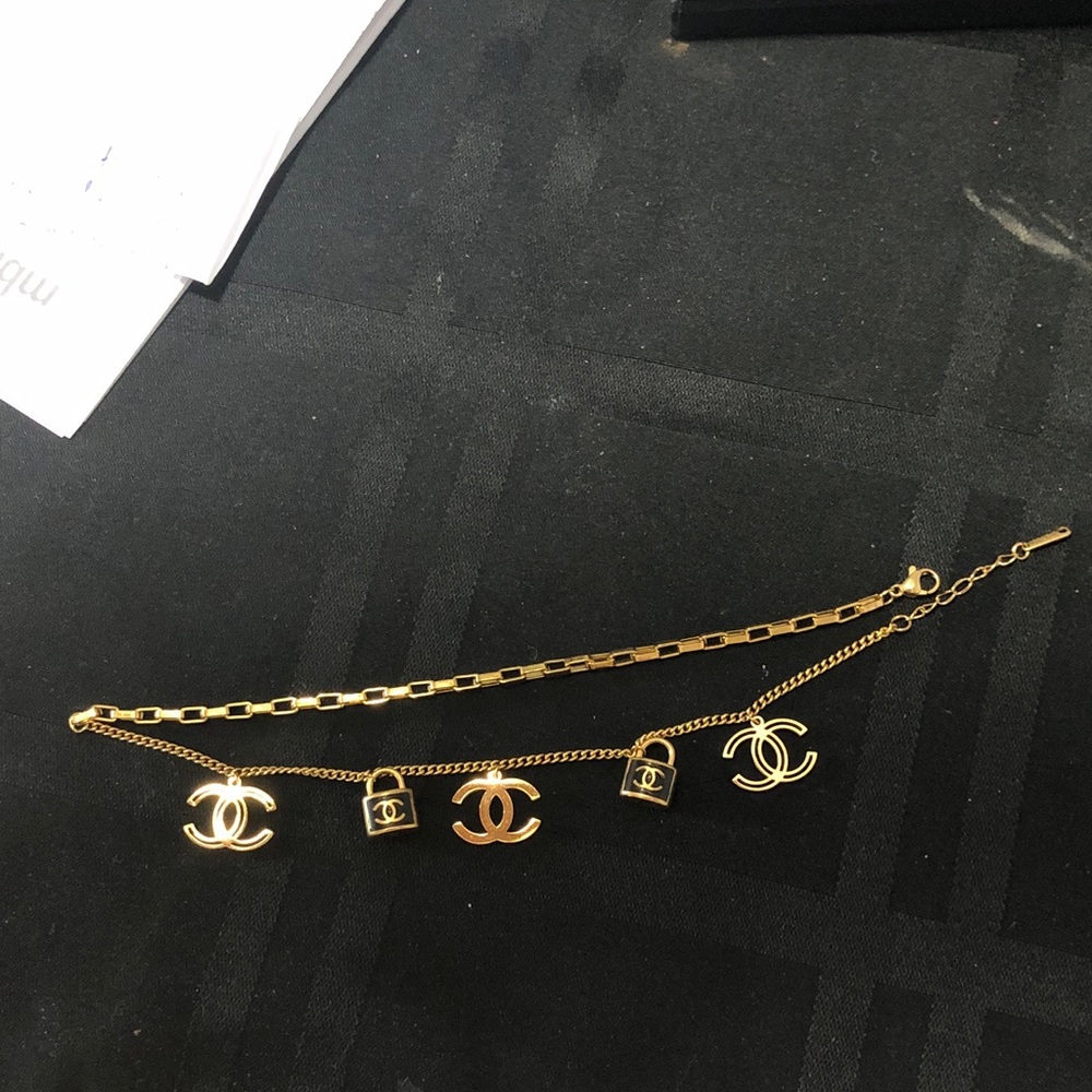 Stainless steel Gold Chain Bracelet with Lock and Logo Charms,